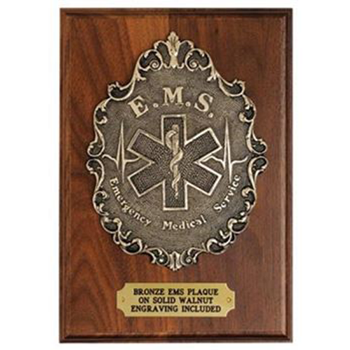 EMS Star Of Life Bronze & Walnut Plaque w/ Engraved Plate