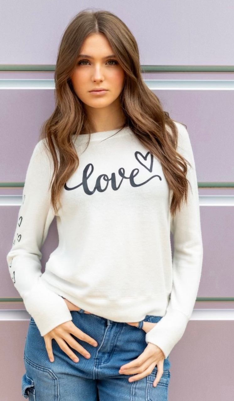 LOVE CURSIVE LIGHTWEIGHT BRUSHED FLEECE PULLOVER TOP