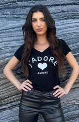 JADORE AMOUR S/S V-NECK TEE with WHITE HEARTS on Back (Black) JADORE AMOUR S/S V-NECK TEE with WHITE HEARTS on Back (Black)