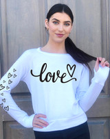 LOVE CURSIVE  L/S FLEECE PULLOVER with HEARTS on Arm (White)