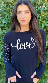 LOVE CURSIVE  L/S FLEECE PULLOVER with HEARTS on Arm (Black)