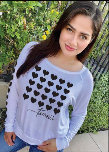 TENNIS FIVE ROW HEARTS L/S TEE with HEARTS on Arm (White)