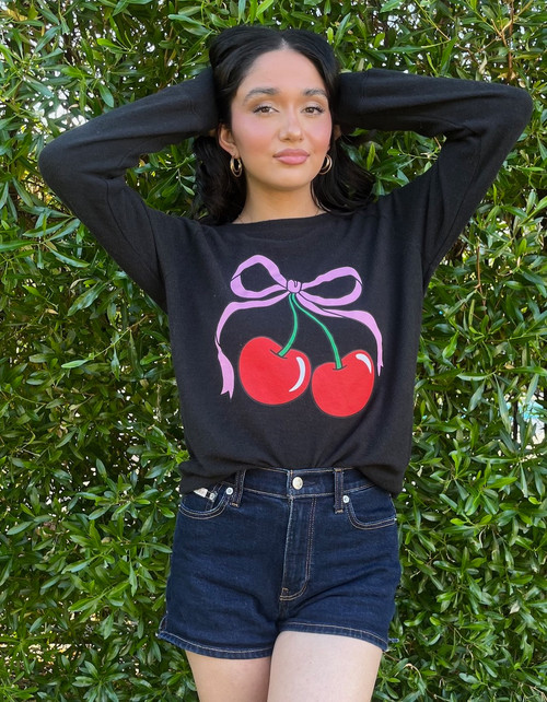 CHERRY BOW LIGHTWEIGHT BRUSHED FLEECE PULLOVER TOP (Black)