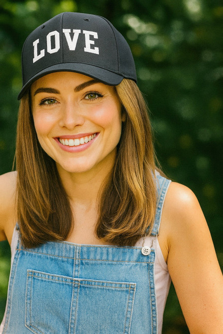 LOVE COLLEGIATE EMBROIDERED TRUCKER HAT (Black w/ White)