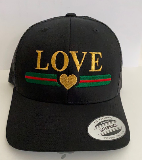 LOVE STRIPE GOLD HEART EMBROIDERED TRUCKER HAT 