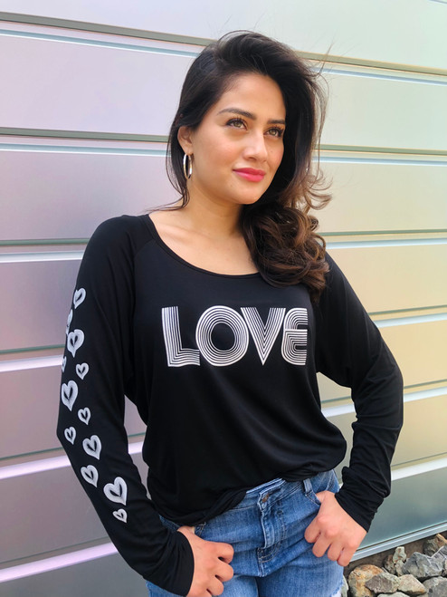 LOVE RETRO L/S TEE with RETRO HEARTS on Arm (Black)