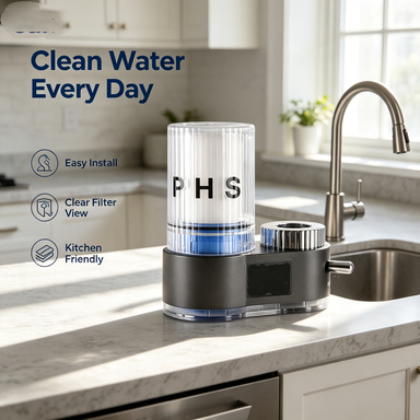PHS Countertop Water Filter, Domestic Water Filtration System with Transparent Filter View, Tool-Free Quick Installation, Sleek Modern Design for Home Kitchen Sink