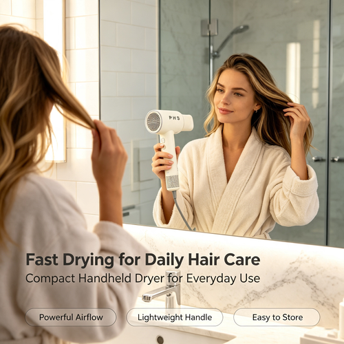 PHS Hand‑Held Electric Hair Dryer, Compact Lightweight Blow Dryer for Home Bathroom & Closet Styling Station, Salon‑Smooth Results for Straight Wavy Curly Hair