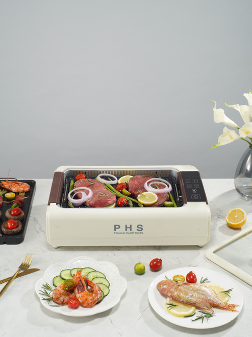 PHS Indoor Electric Grill Griddle, Digital Control Non‑Stick Electric Tabletop Grill with Removable Drip Tray & Transparent Lid, Detachable Design for Easy Cleaning for Home BBQ