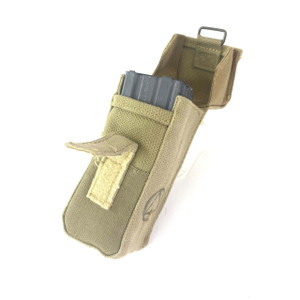 Genuine 1970s Israeli military surplus canvas double mag pouch with web gear attachment hardware, shown open with a rifle magazine inserted, olive drab canvas construction
