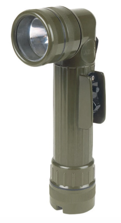 GI style angle head LED flashlight in OD green with military right angle design