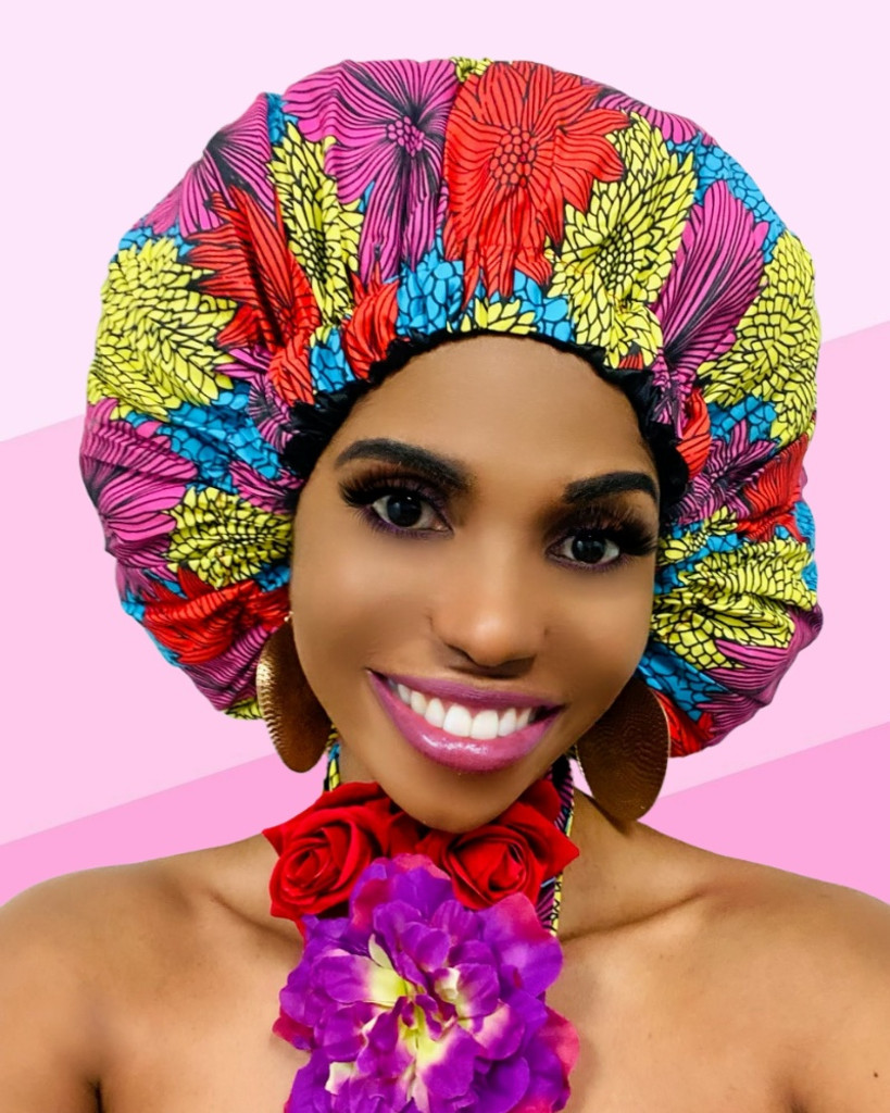 Cristoli Satin Lined Sleeping Bonnet African Headwrap Turban Ankara YELLOW ROSE ORANGE