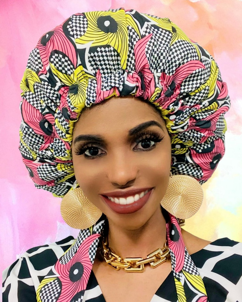 Cristoli Satin Lined Sleeping Bonnet African Headwrap Turban ANKARA PINK YELLOW