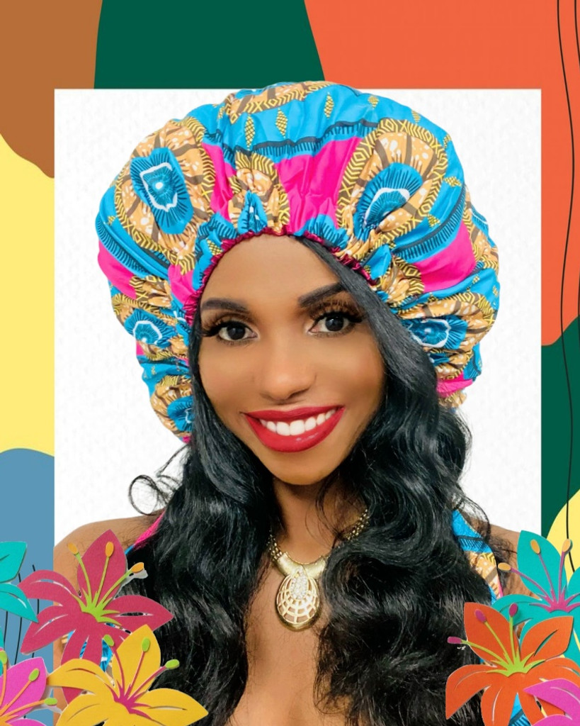 Cristoli Satin Lined Sleeping Bonnet African Headwrap Turban ANKARA PINK BLUE