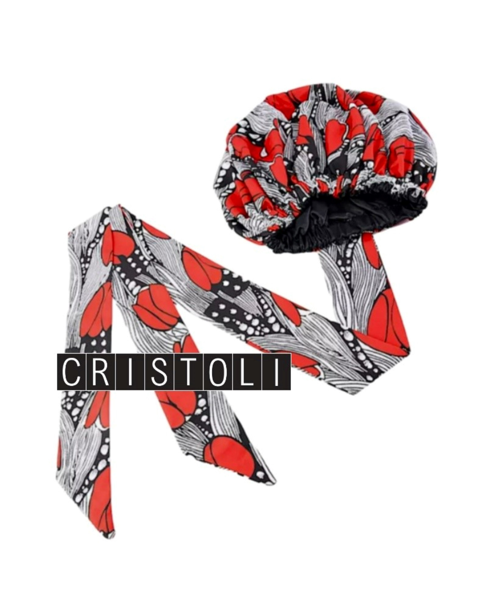 Cristoli Satin Lined Sleeping Bonnet African Headwrap Turban ANKARA BLACK RED