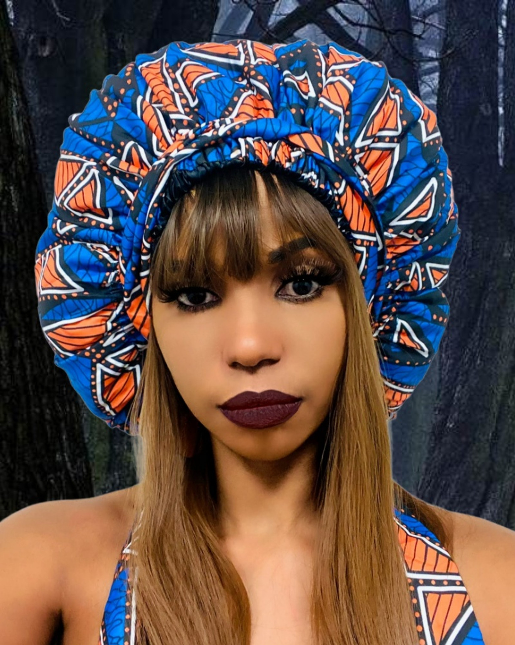 Cristoli Satin Lined Sleeping Bonnet African Headwrap Turban Ankara ROYAL BLUE ORANGE