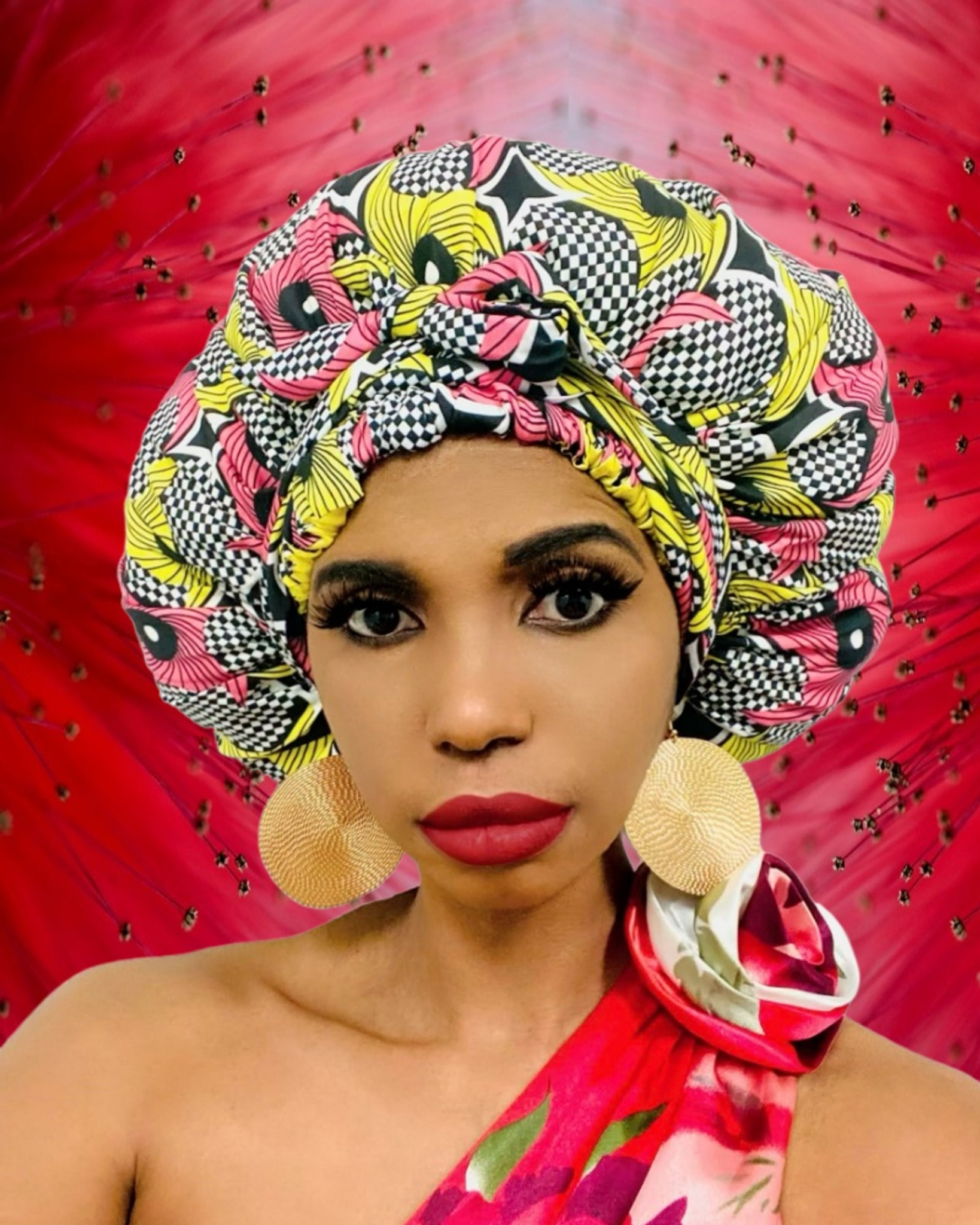 Cristoli Satin Lined Sleeping Bonnet African Headwrap Turban ANKARA PINK YELLOW