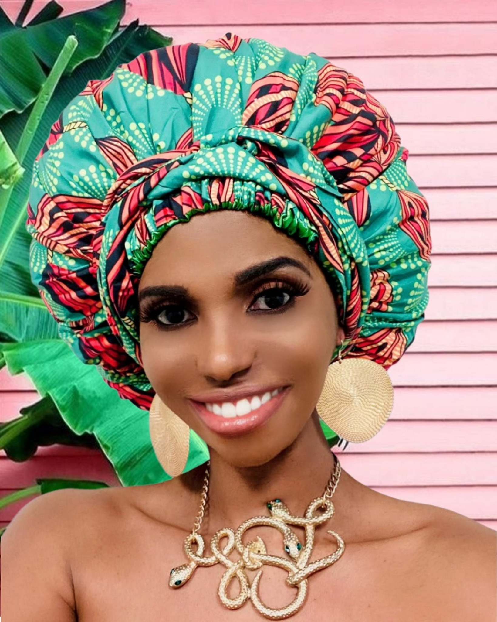 Cristoli Satin Lined Sleeping Bonnet African Headwrap Turban ANKARA GREEN