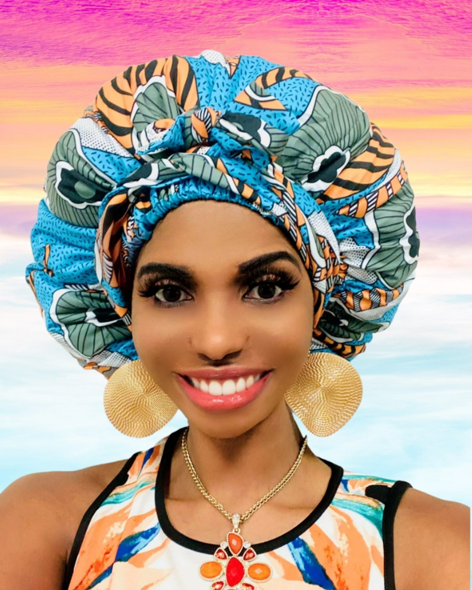 Cristoli Satin Lined Sleeping Bonnet African Headwrap Turban ANKARA BLUE ORANGE
