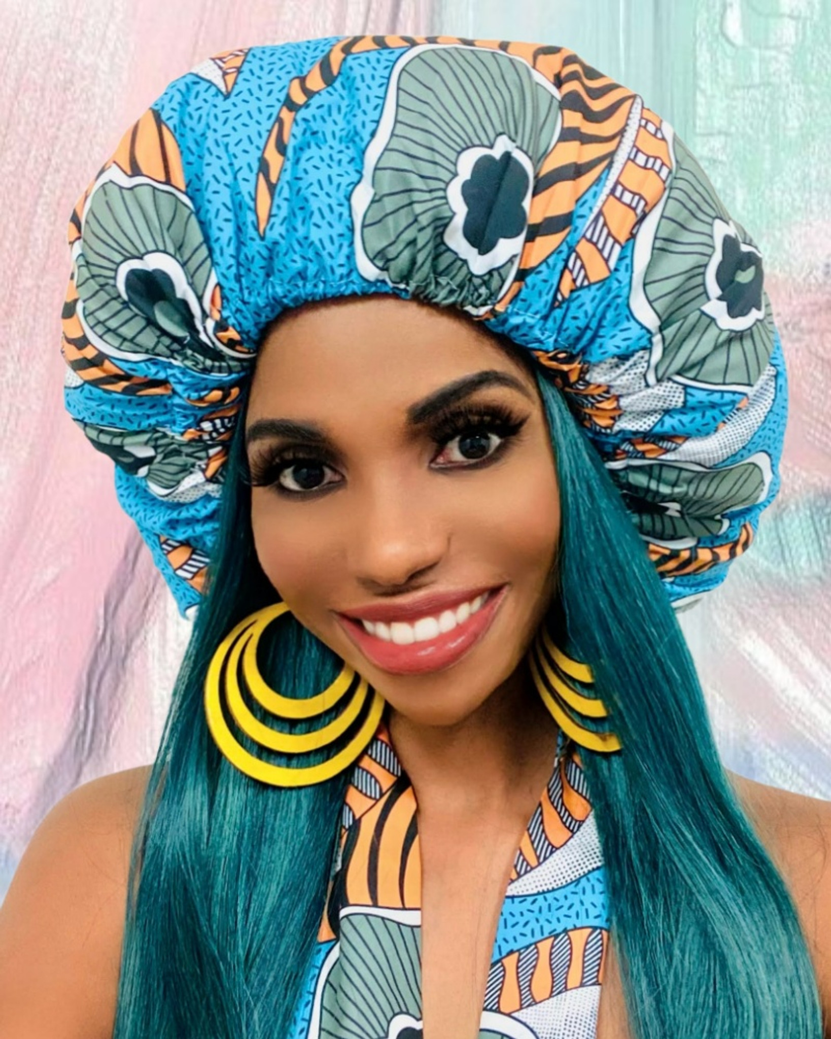Cristoli Satin Lined Sleeping Bonnet African Headwrap Turban ANKARA BLUE ORANGE