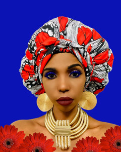 Cristoli Satin Lined Sleeping Bonnet African Headwrap Turban ANKARA BLACK RED