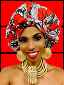 Cristoli Satin Lined Sleeping Bonnet African Headwrap Turban ANKARA BLACK RED