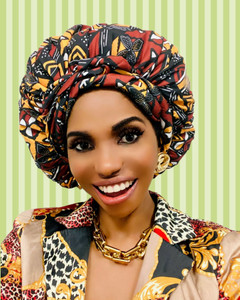 Cristoli Satin Lined Sleeping Bonnet African Headwrap Turban ANKARA COFFEE PRINT