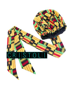 Cristoli Satin Lined Sleeping Bonnet African Headwrap Turban ANKARA GEO YELLOW