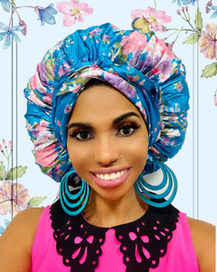 Cristoli Satin Lined Sleeping Bonnet African Headwrap Turban TURQUOISE FLORAL