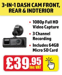 3 in 1 Full HD Dash Camera with 64GB Memory Card only £39.95