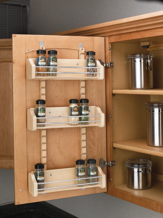 4ASR18 - Adjustable Door Mount Spice Rack with 3 Bins for 18" Wall Cabinet - Natural Wood - Maple