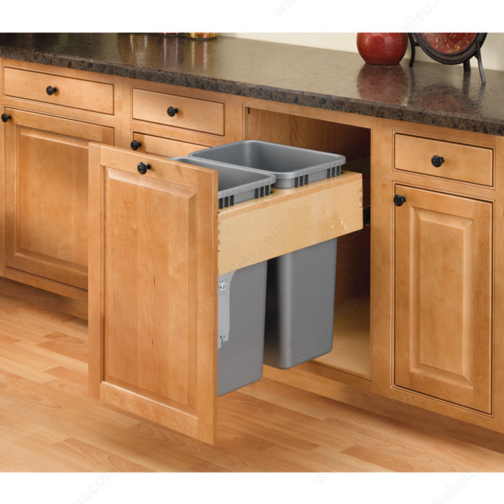4WCTMRM2135DM2 - Double 35 Quart Wood Top Mount Pull-out Waste Container w/ Rev-A-Motion Soft Open/Close - Door Mount - Wood/Silver Polymer