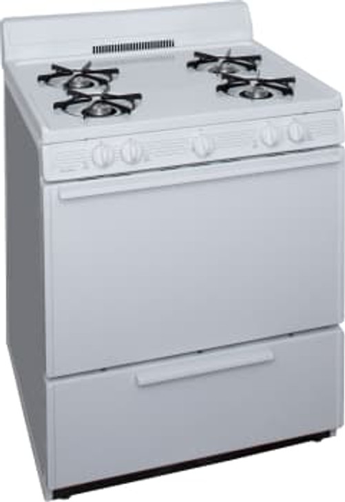 SFK100OP - 30 Inch Freestanding Gas Range with 4 Open Burners, 3.9 cu ft Oven, Broiler Drawer, Electronic Ignition, Electronic Clock/Timer, 4 Inch Porcelain Backguard and ADA Compliant: White