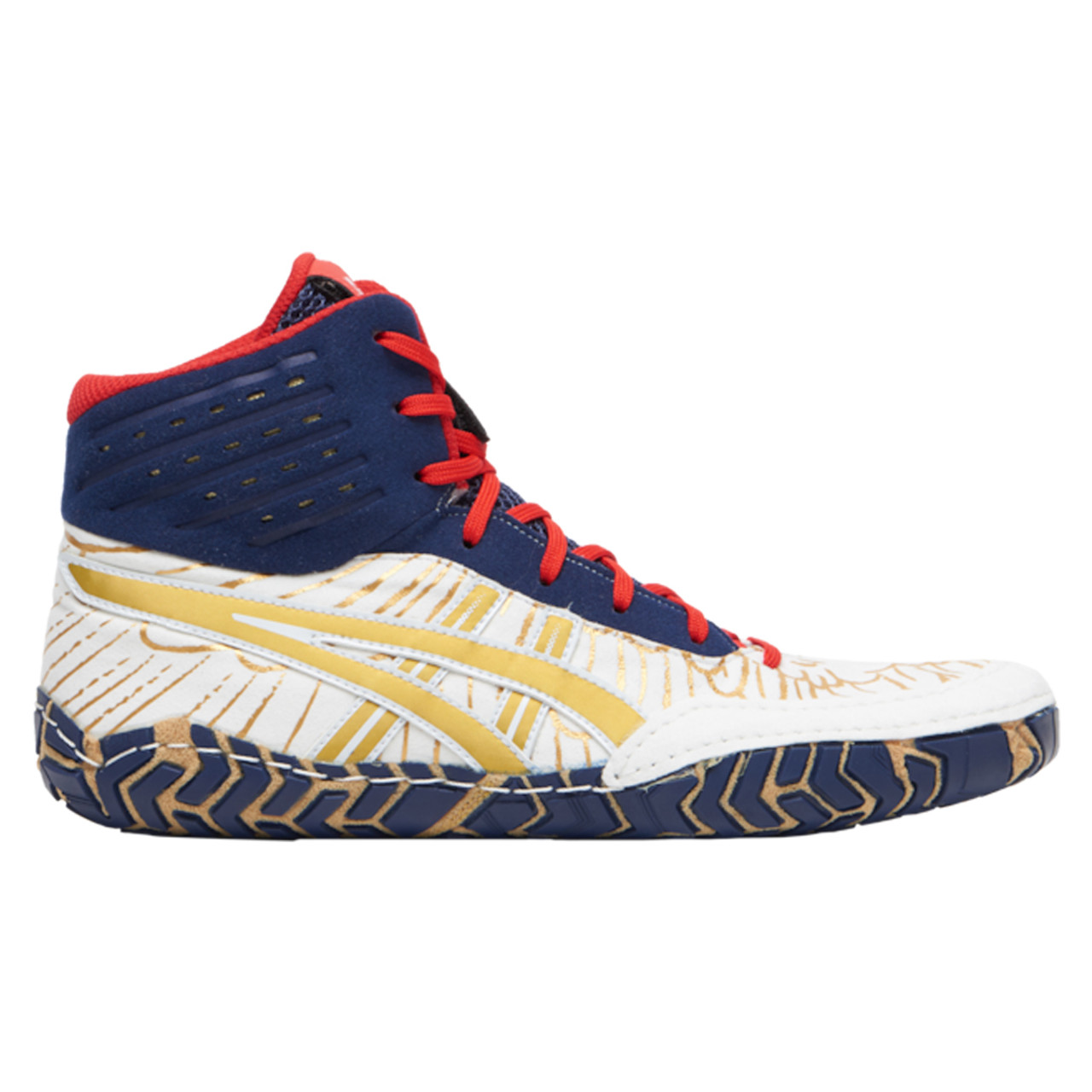 blue and gold wrestling shoes