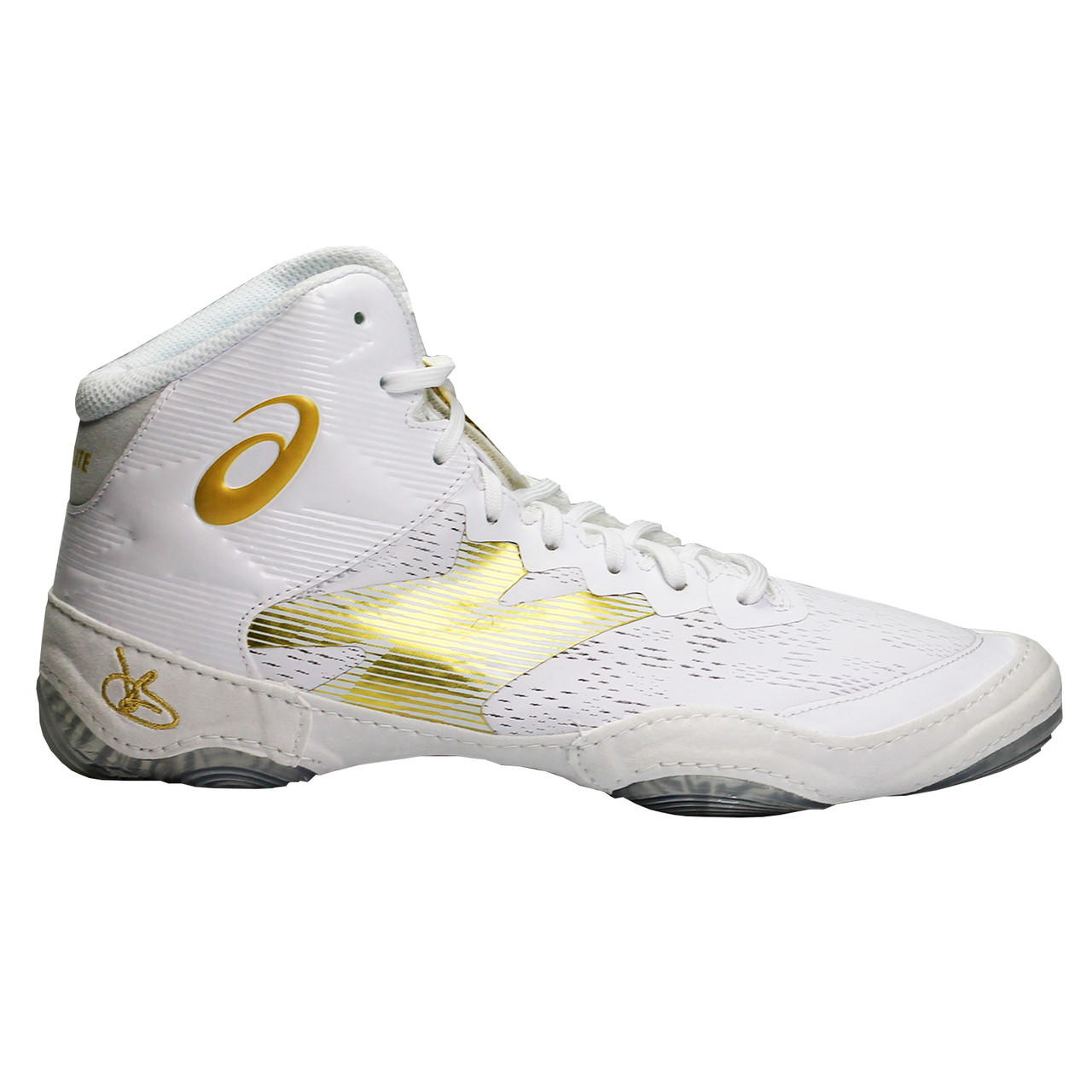 gold and white wrestling shoes