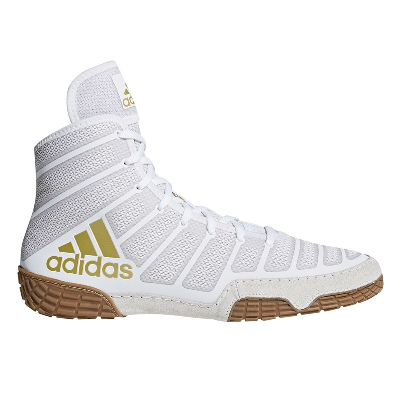 white and gold wrestling shoes