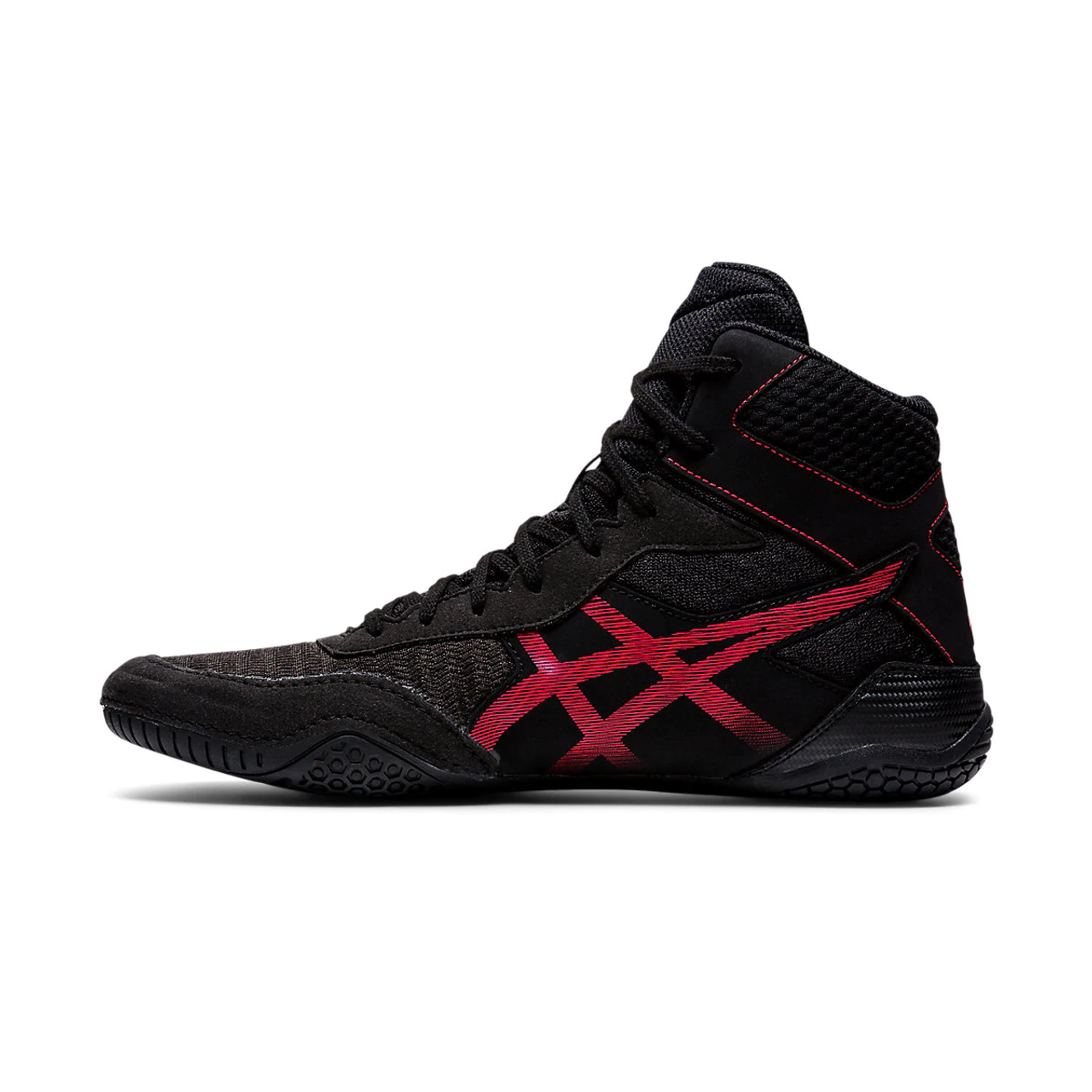 red and black asics wrestling shoes