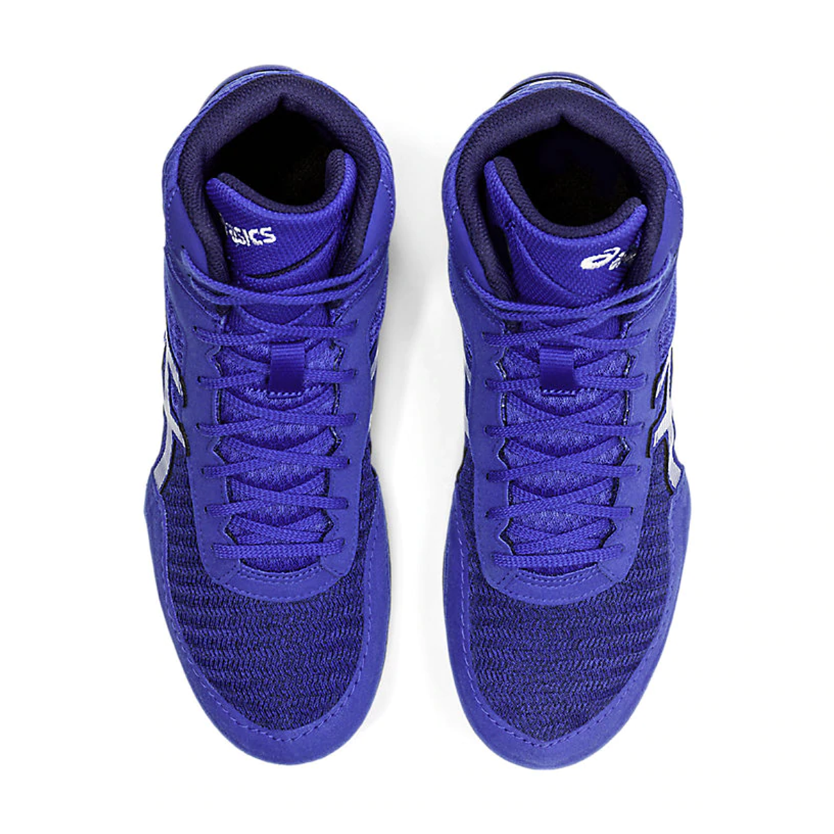 blue and white asics wrestling shoes