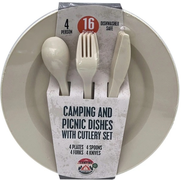 16 Piece Camping and Picnic Dishes with Cutlery Set - 4 Place Settings