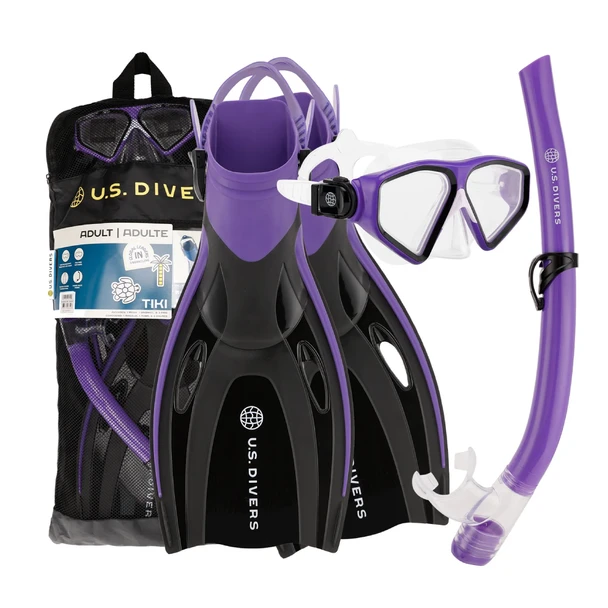 U.S. Divers Tiki Adult Mask, Snorkel & Fins Set - Purple, Black