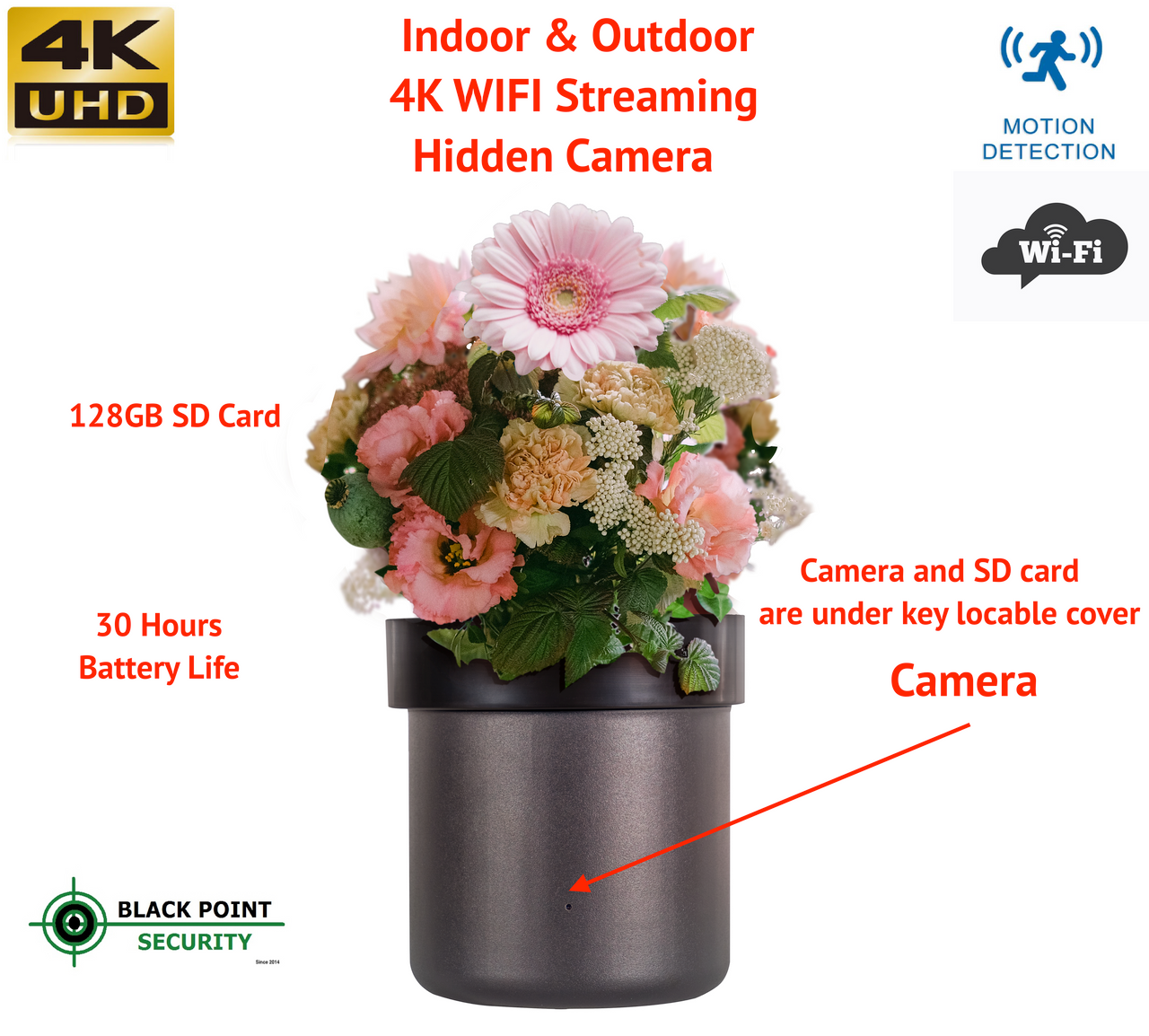 4K Hidden WIFI Wireless Spy Camera with Audio Flower Pot