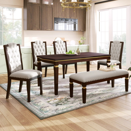 Churanty Retro 6 Pieces Kitchen Dining Table Set, 62.7Rectangular Table and 4 High-Back Tufted Chairs & 1 Bench, Wood Family Dining Room Table Set for 6,Espresso