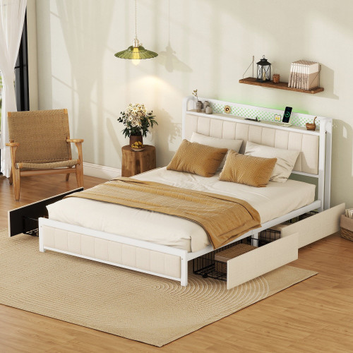 VLDTDRDI 500LBS Queen Bed Frame with LED Lights,Linen Upholstered Platform Bed with 4 Drawers and USB Ports,Heavy Duty Queen Size Metal Platform Bed,Beige