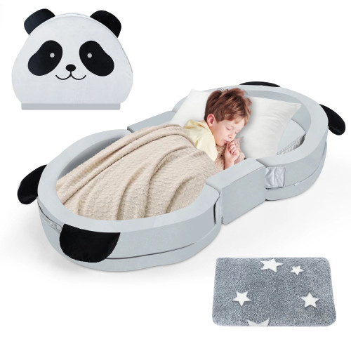 spanspace Foldable Toddler Travel Bed, Portable Floor Bed for Kids with Washable Cover, Toddler Cots for Sleeping with Adorable Panda Design, No Assembly Required, Easy to Carry, Gray