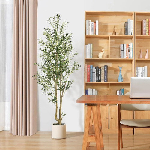 6FT Artificial Olive Tree Indoor, Silk Fake Potted Tree with Natural Wood Trunk & Lifelike Fruits, Faux Plant for Modern Home Office Living Room Floor Decor