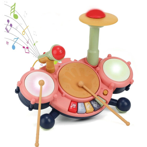 JUGAAD LIFE Drum Set for Toddler Kids, Baby Drum Set Toys Gift for 1 2 3 Year Old, Musical Instruments Learning Toys with 2 Drumsticks and Microphone (Pink)