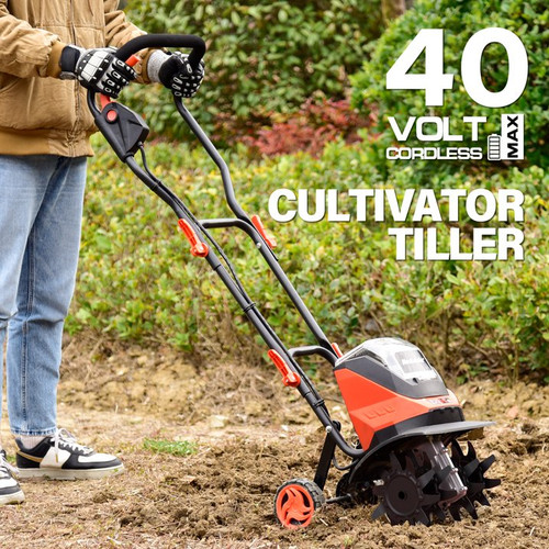 MAXLANDER Cordless Tiller Cultivator, 40V 12-Inch Brushless Battery Powered Garden Tiller, Orange