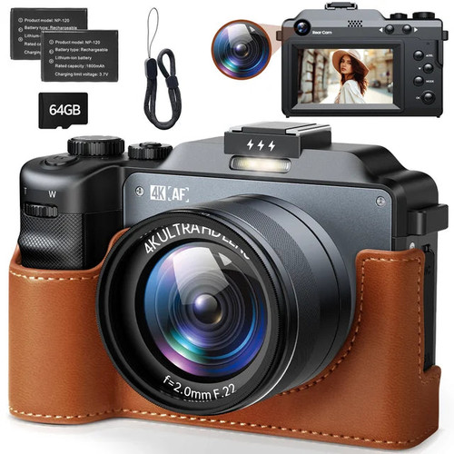 Campark 64MP Digital Camera 4K Video with 18x Zoom, 64GB Card for Beginners