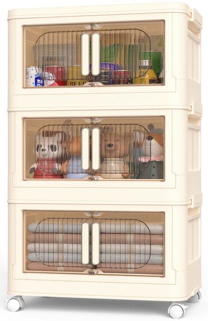 TNTANTS 3 Tiers Stackable Storage Bins with Lids and Wheels, Magnetic Dual Open Collapsible Storage Container, 80QT Folding Storage Box Bins for Closet Organizers, Home and Office, Beige