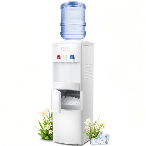 LHRIVER 5 Gallon Water Cooler Dispenser with Built-in Ice Maker, Top Loading Water Dispenser 3 in 1 Hot/Cold/Room Temperature, Child Lock,White